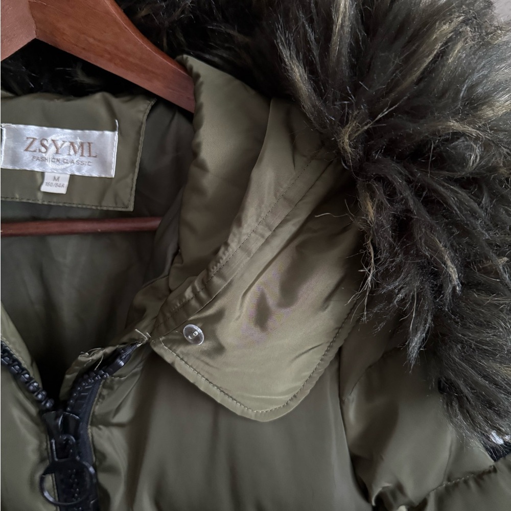 Olive Green Longline Puffer Coat Faux Fur Hood Size M - Picture 7 of 7